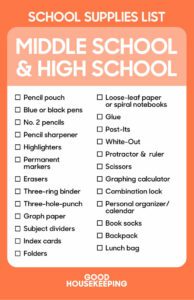 School supplies list middle school and high school