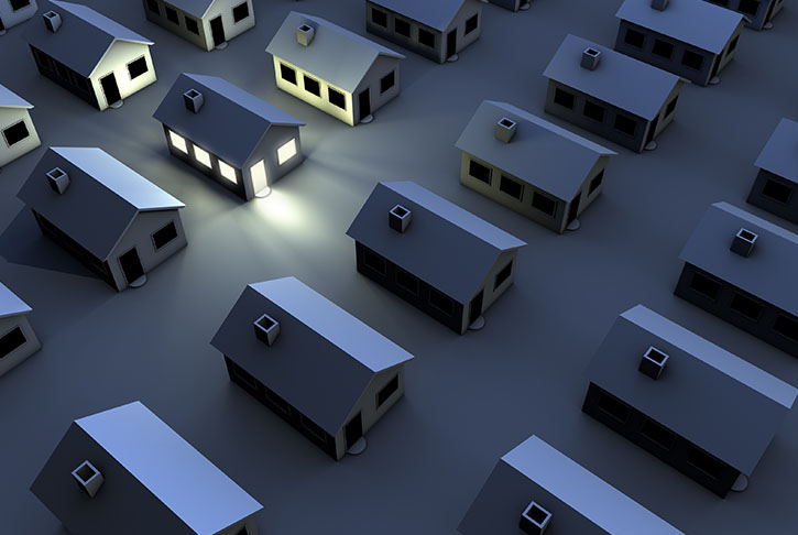 3D Rendered homes, one has lights on
